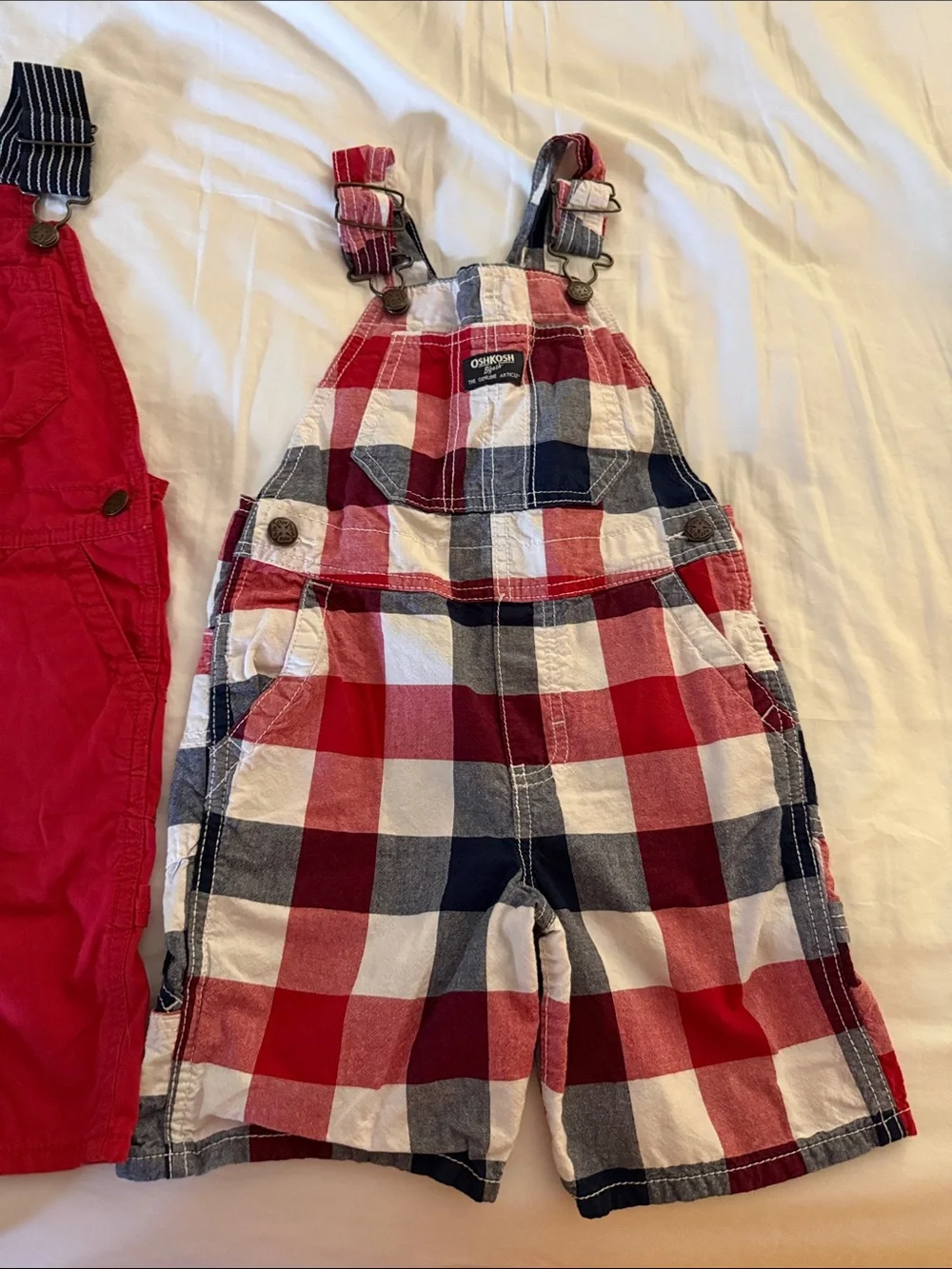 OshKosh B'gosh Red Solid and Red-White-Blue Plaid Kids Overalls